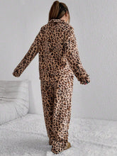 2pcs Women Leopard Print Fuzzy Long Sleeve Shirt And Long Pants Set